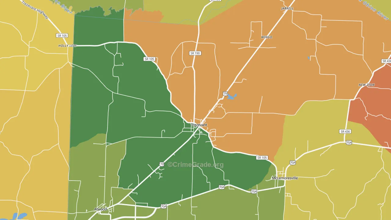 Trezevant, TN Map of Robbery Rates