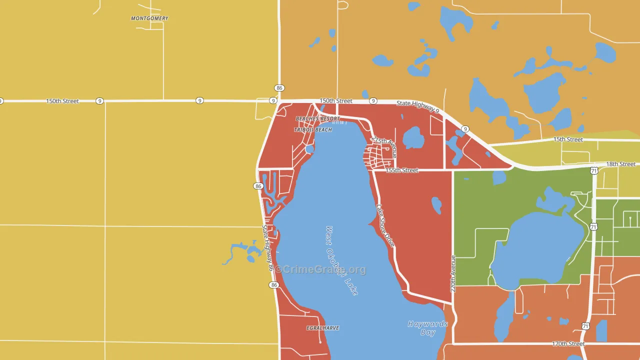 Triboji Beach, IA Map of Robbery Rates