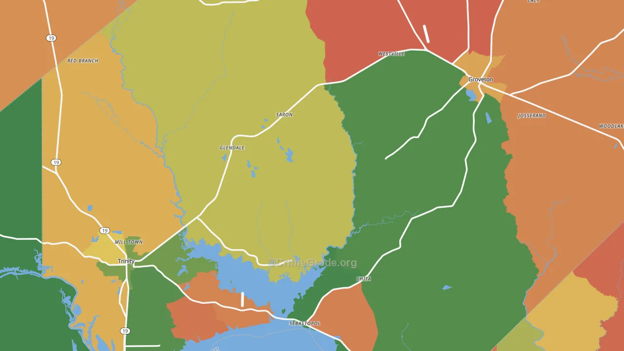 Trinity County, TX Map of Robbery Rates