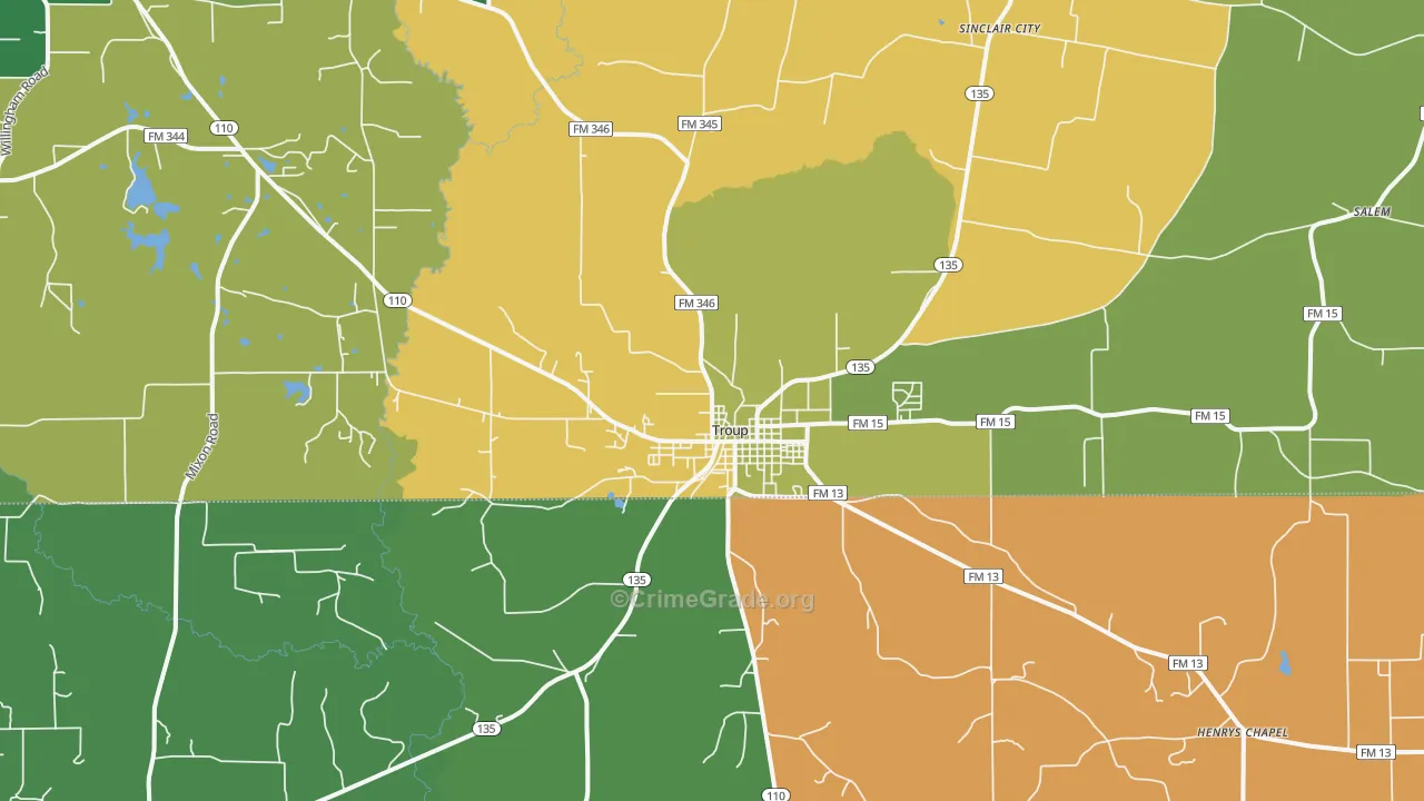 Troup, TX Map of Robbery Rates