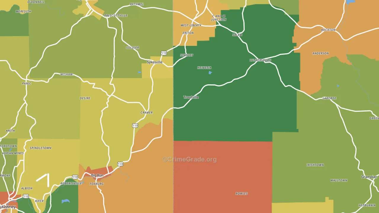 Troutville, PA Map of Robbery Rates