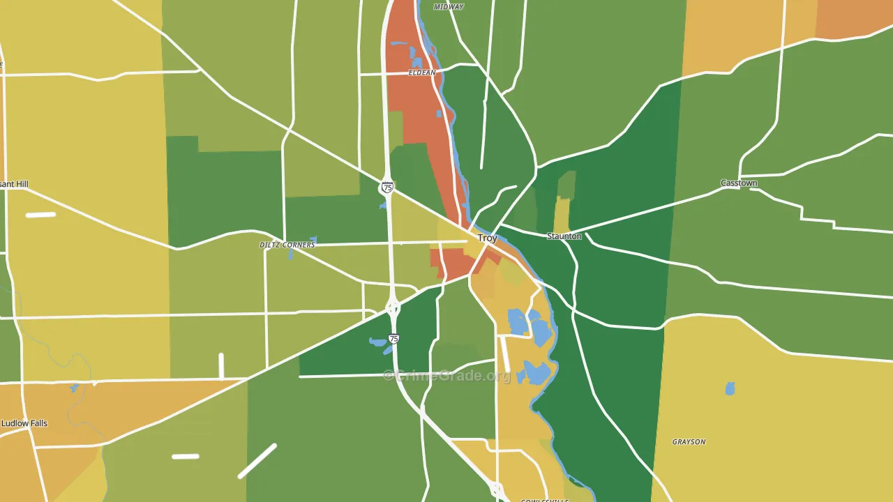 Troy, OH Map of Robbery Rates