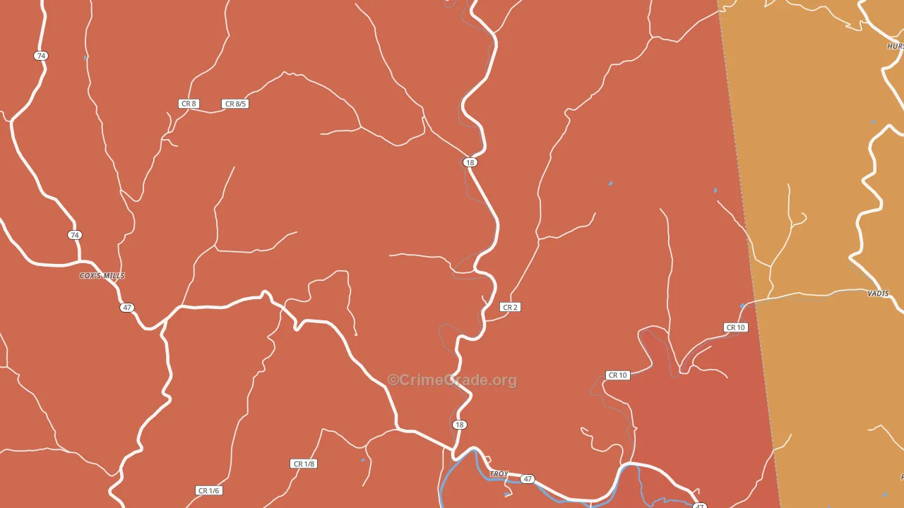 Troy, WV Map of Robbery Rates