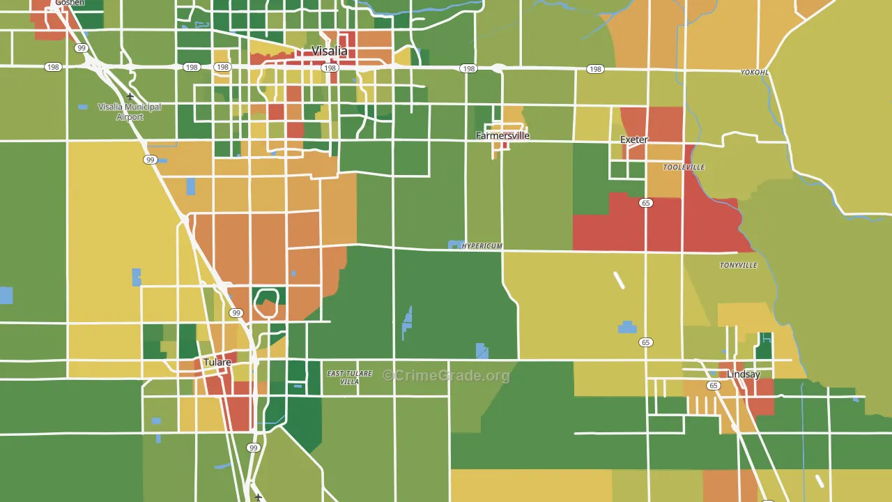 Tulare County, CA Map of Robbery Rates