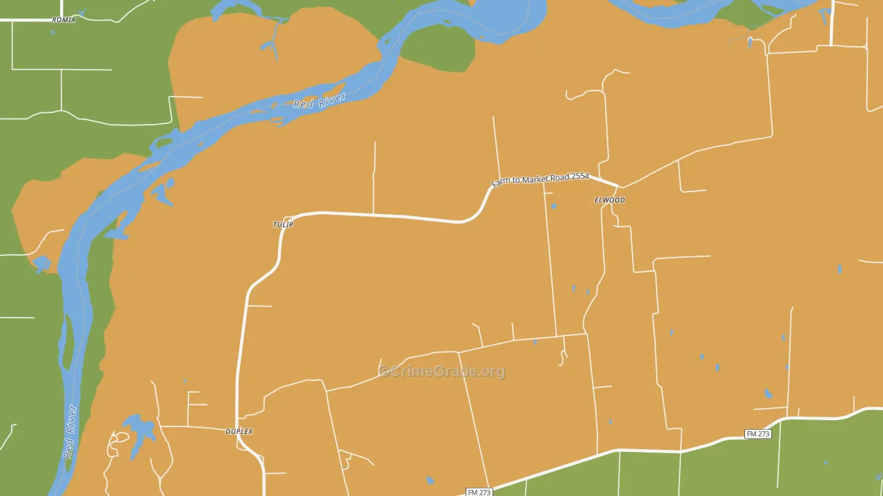 Tulip, TX Map of Robbery Rates