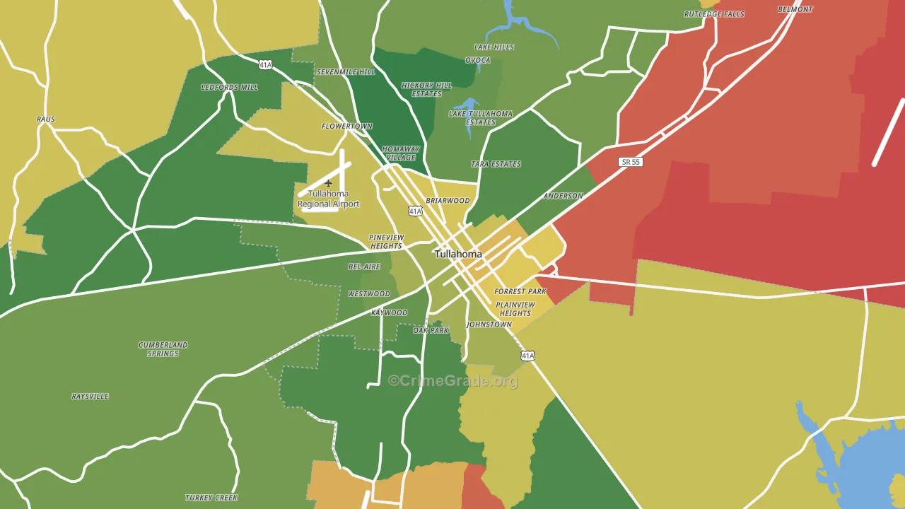 Tullahoma, TN Map of Robbery Rates