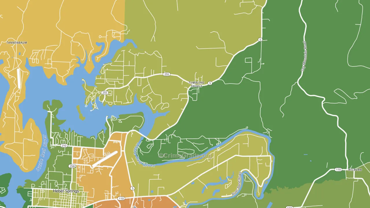 Tumbling Shoals, AR Map of Robbery Rates