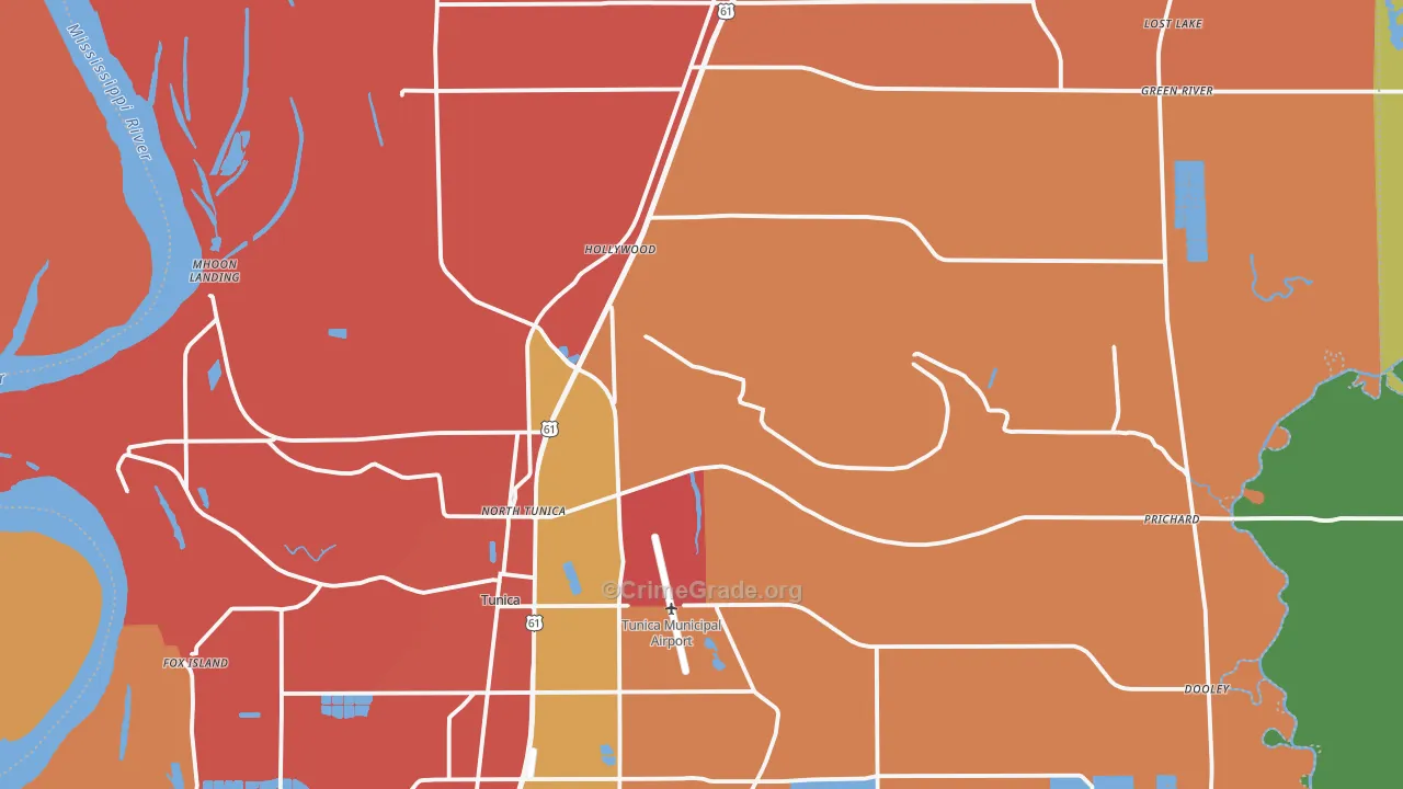 Tunica County, MS Map of Robbery Rates
