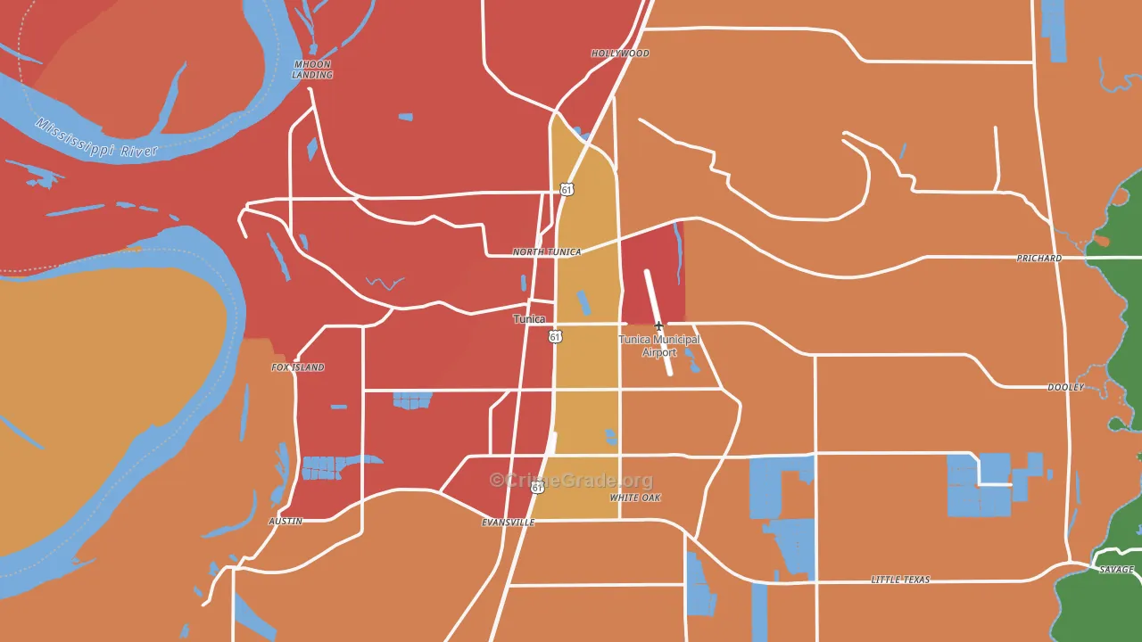 Tunica, MS Map of Robbery Rates