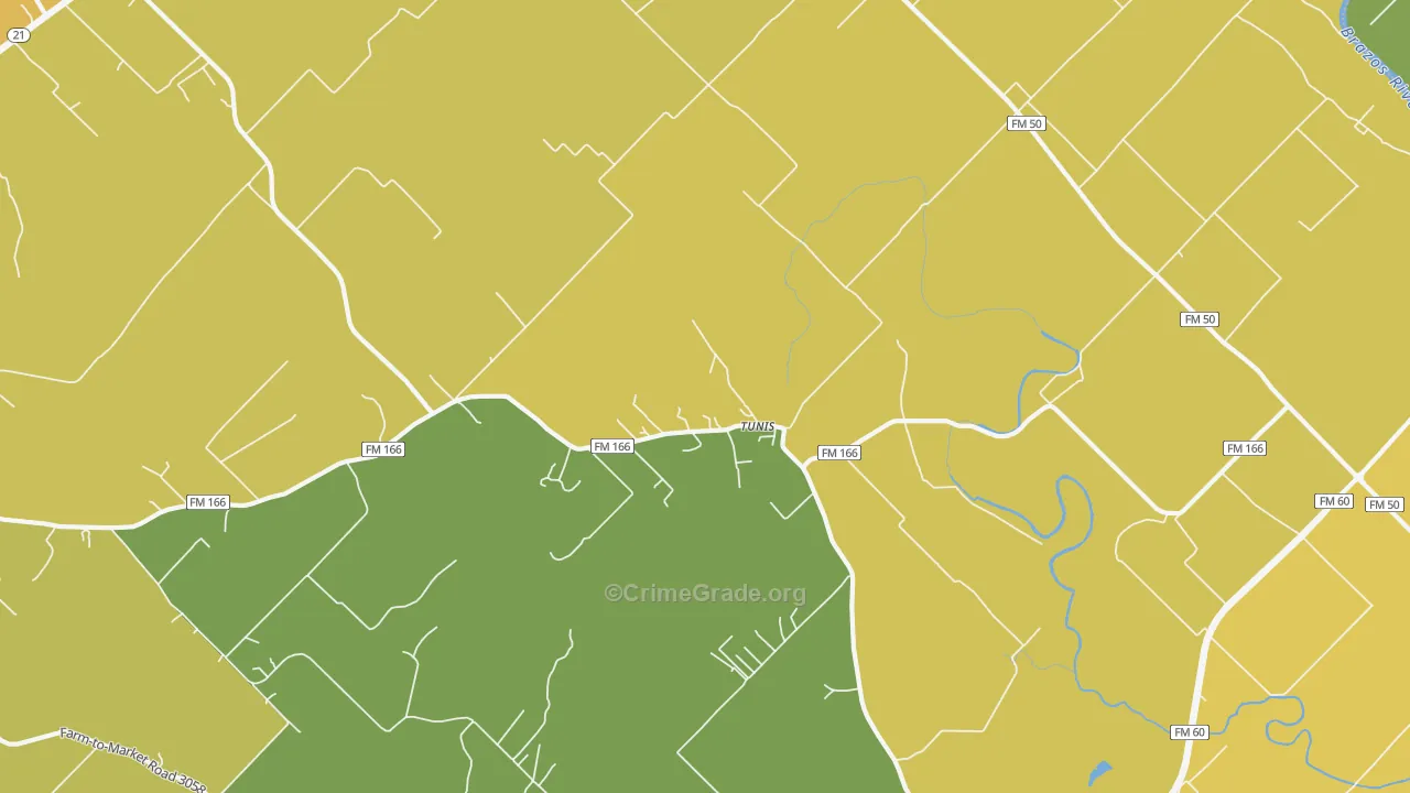 Tunis, TX Map of Robbery Rates