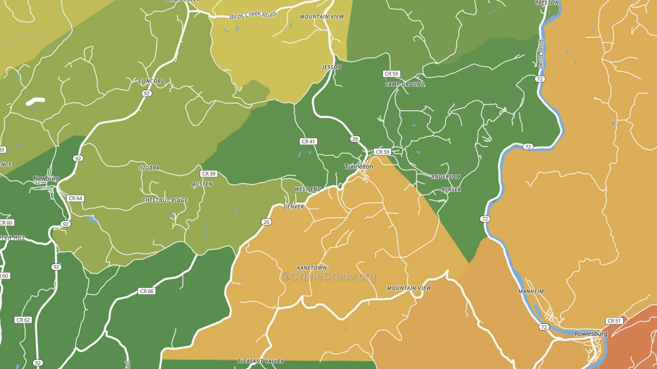 Tunnelton, WV Map of Robbery Rates