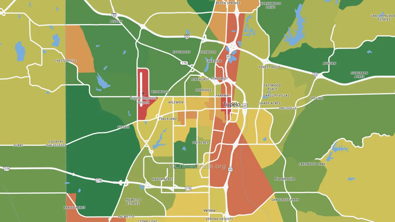 Tupelo, MS Map of Robbery Rates