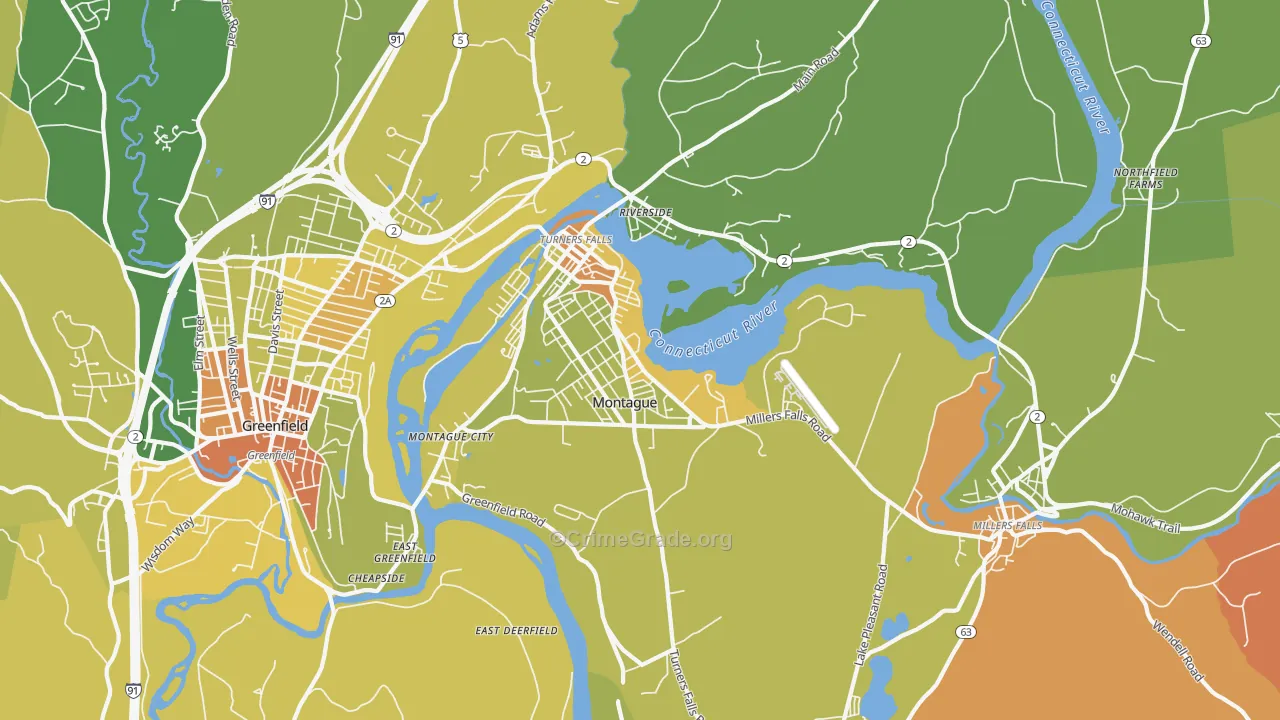Turners Falls, MA Map of Robbery Rates