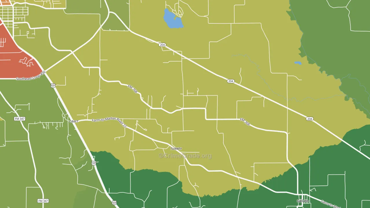 Turney, TX Map of Robbery Rates