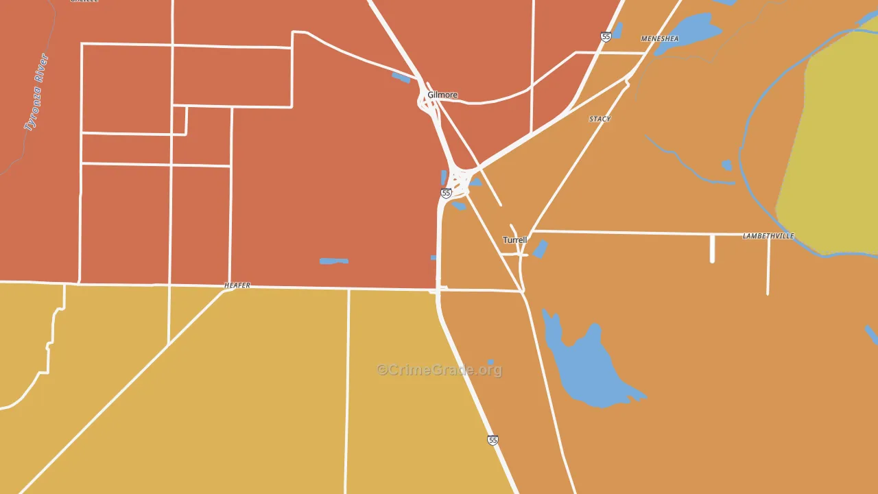 Turrell, AR Map of Robbery Rates