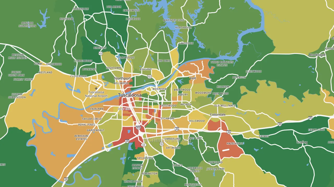Tuscaloosa County, AL Map of Robbery Rates