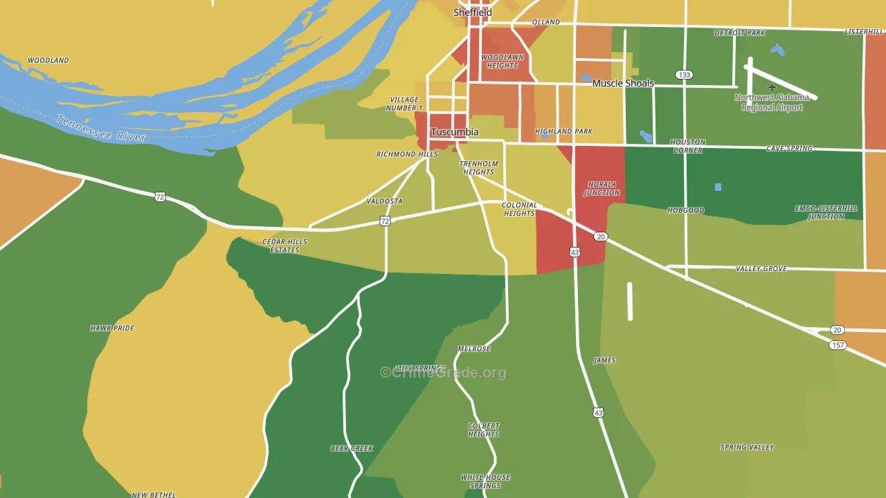 Tuscumbia, AL Map of Robbery Rates