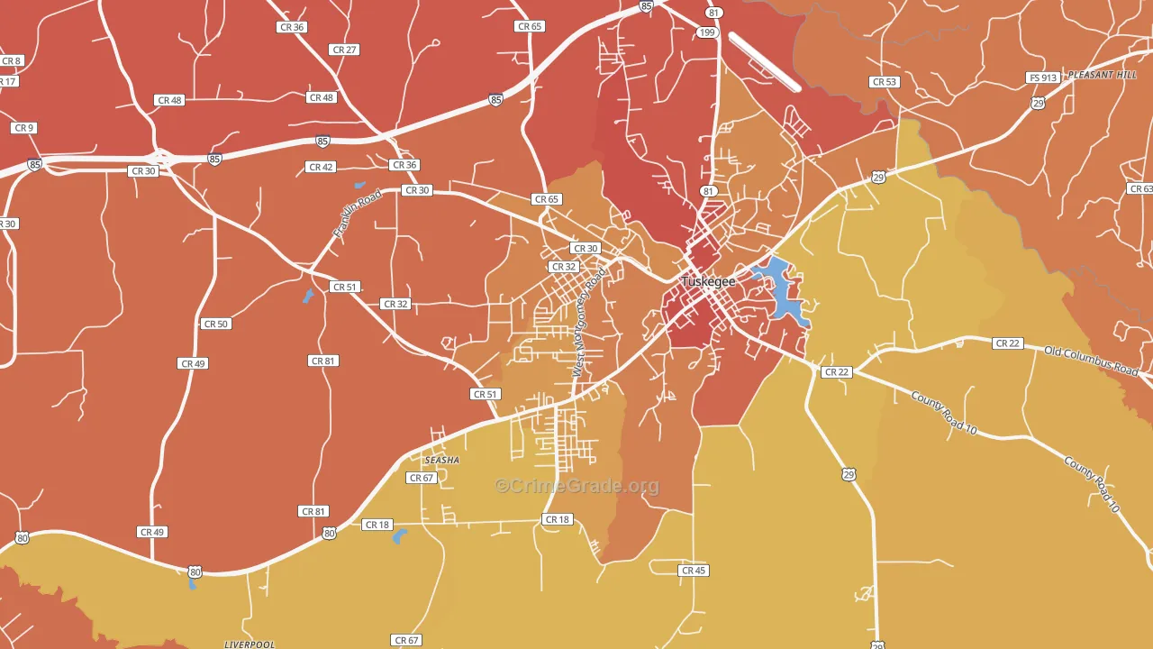 Tuskegee Institute, AL Map of Robbery Rates