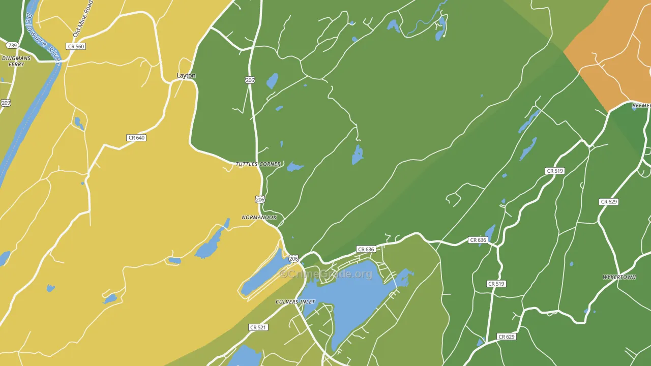 Tuttles Corner, NJ Map of Robbery Rates
