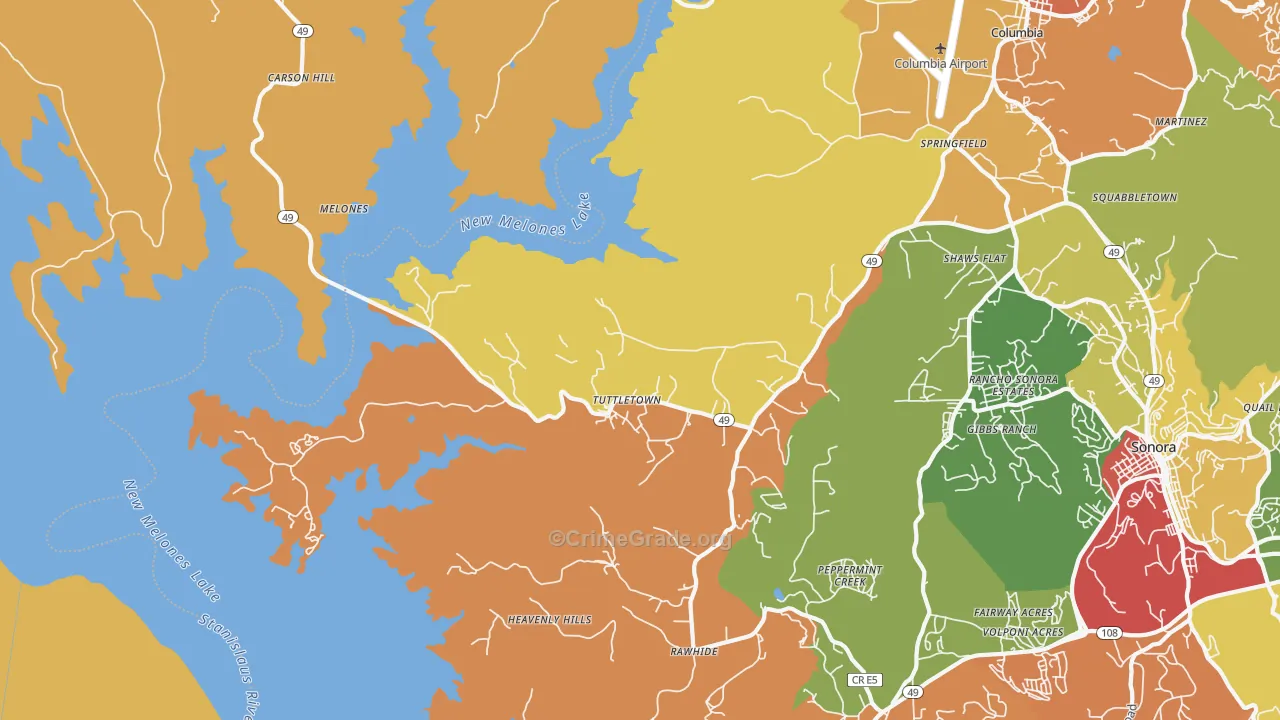 Tuttletown, CA Map of Robbery Rates
