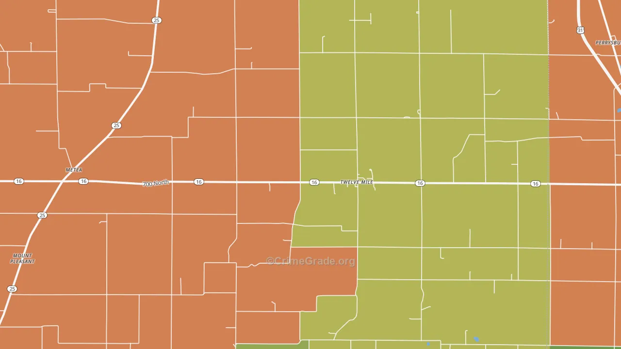 Twelve Mile, IN Map of Robbery Rates