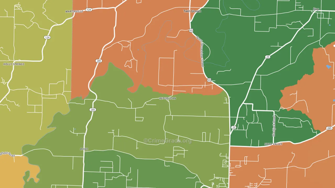 Twin Groves, AR Map of Robbery Rates