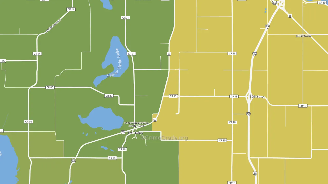 Twin Lakes, MN Map of Robbery Rates