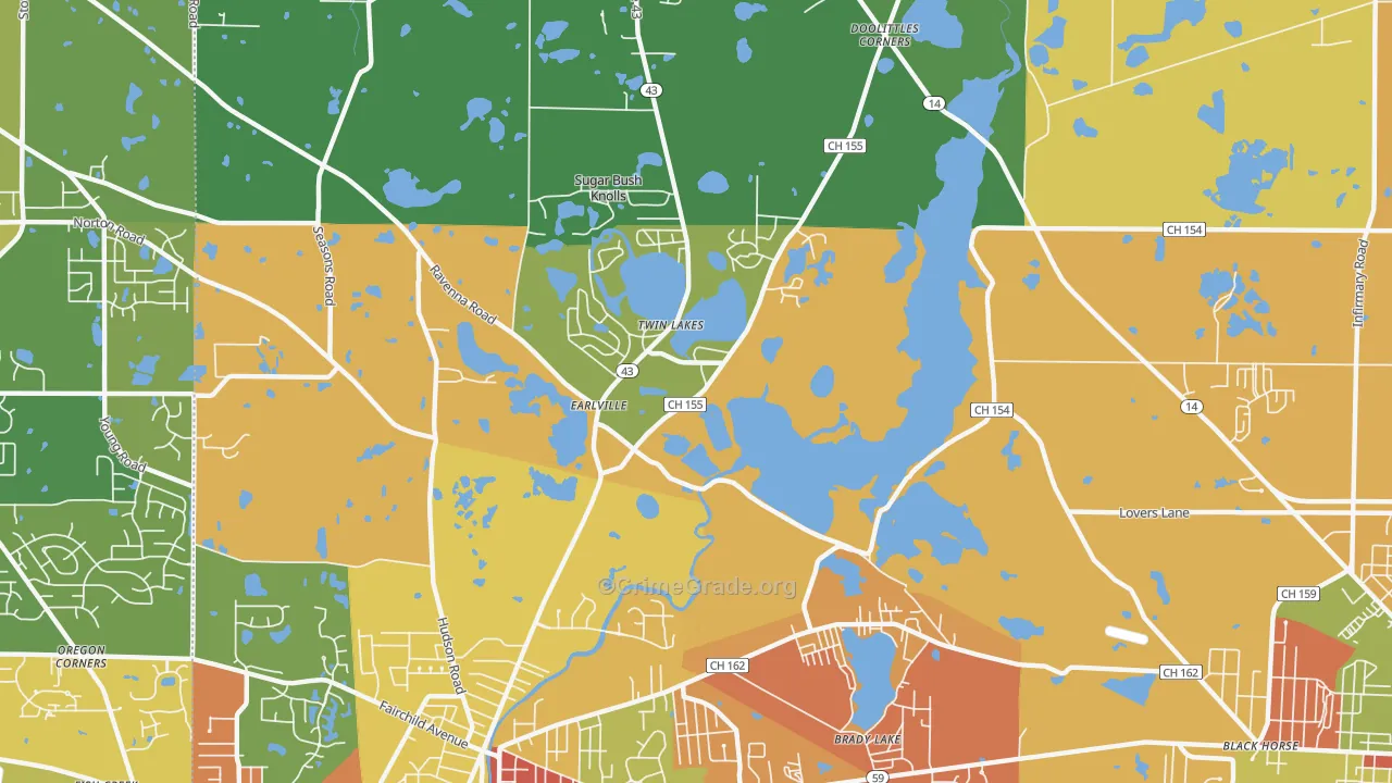 Twin Lakes, OH Map of Robbery Rates