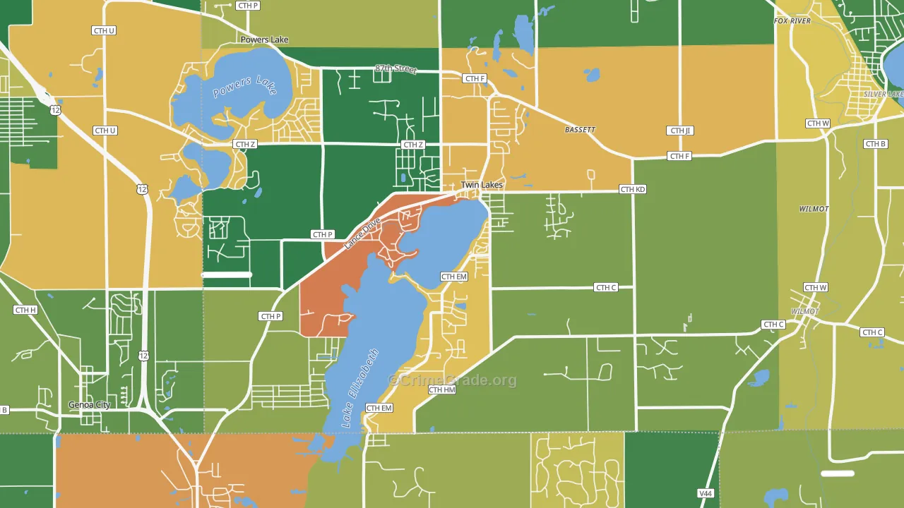 Twin Lakes, WI Map of Robbery Rates