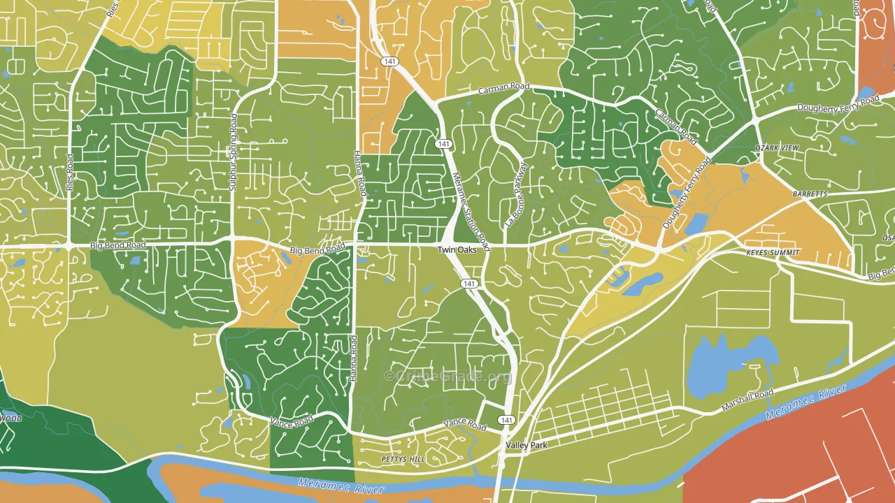 Twin Oaks, MO Map of Robbery Rates