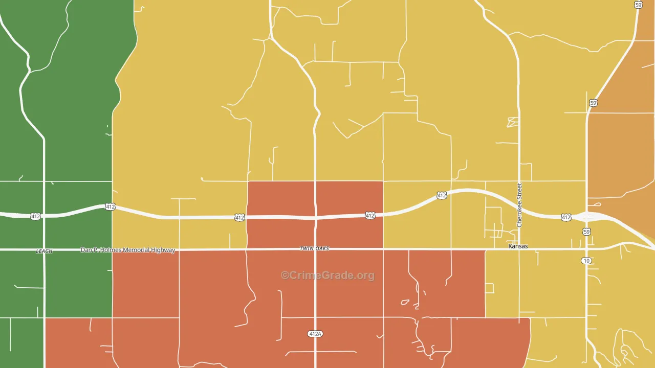 Twin Oaks, OK Map of Robbery Rates