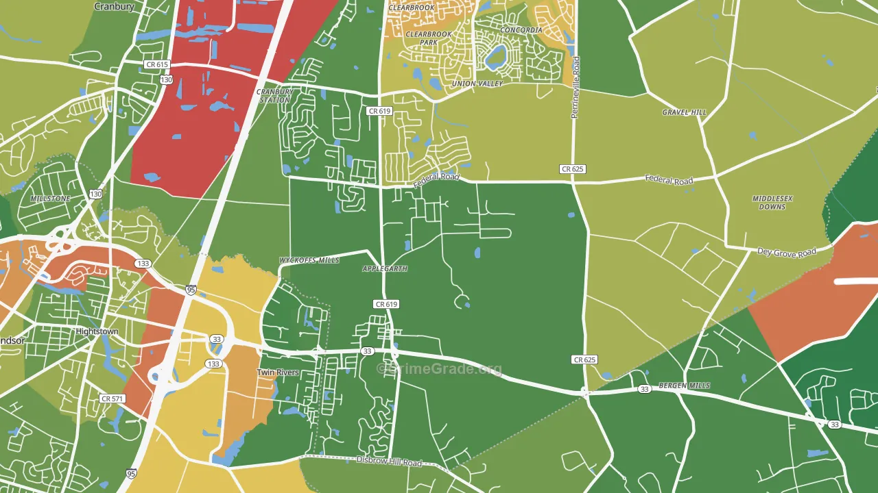 Twin Rivers, NJ Map of Robbery Rates