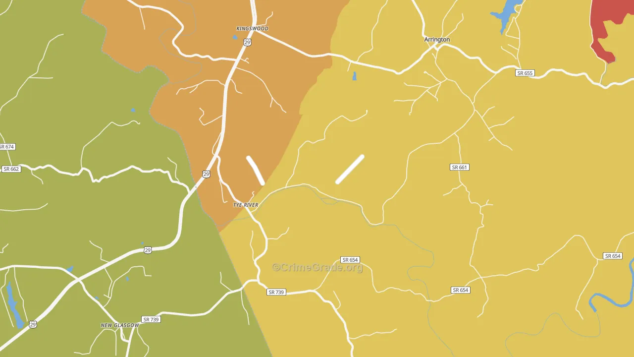 Tye River, VA Map of Robbery Rates