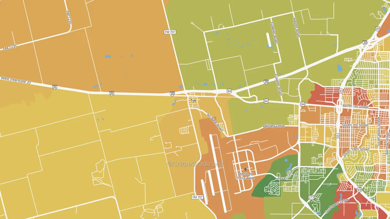 Tye, TX Map of Robbery Rates