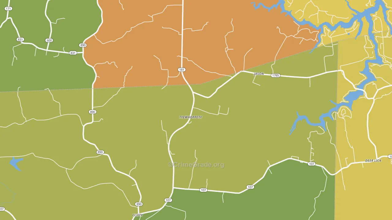 Tyewhoppety, KY Map of Robbery Rates