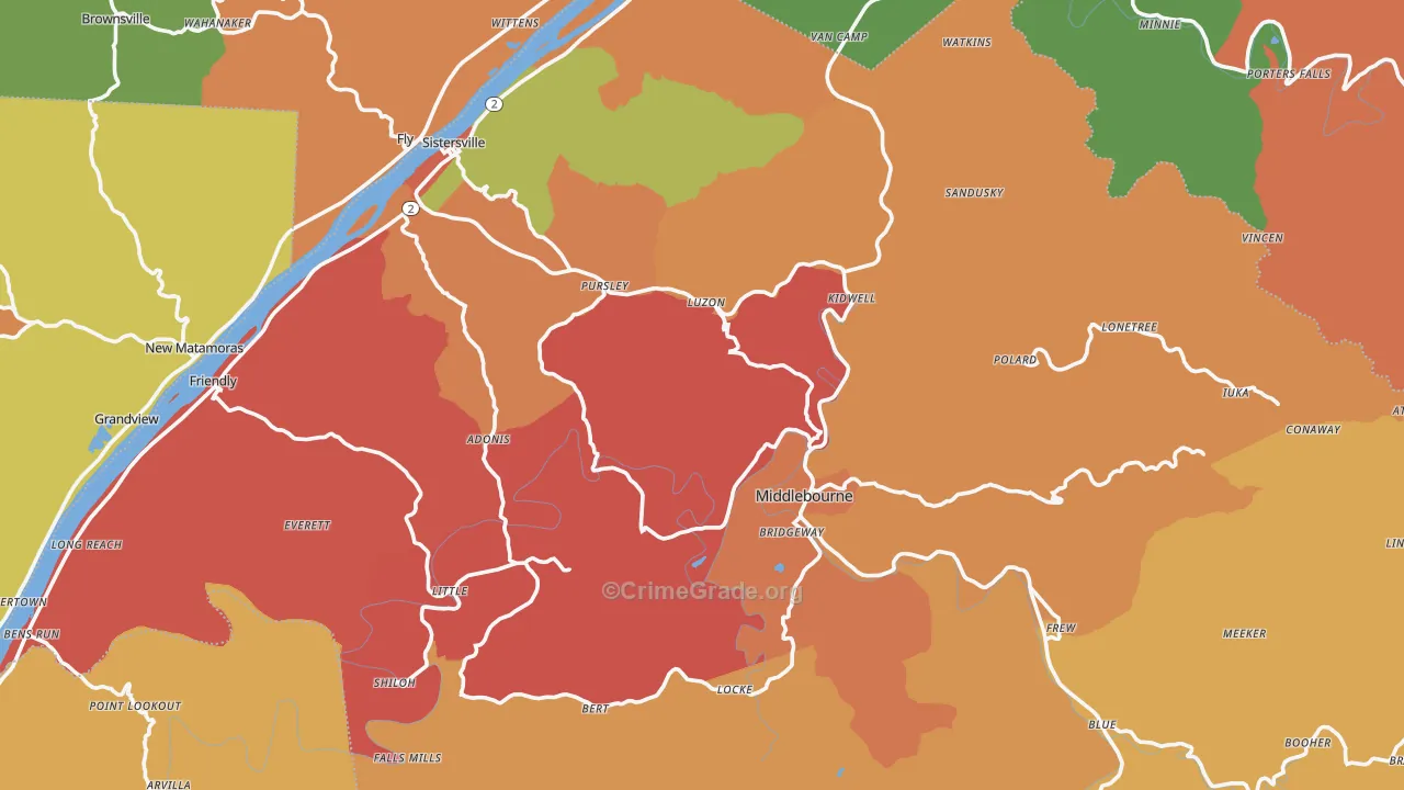 Tyler County, WV Map of Robbery Rates