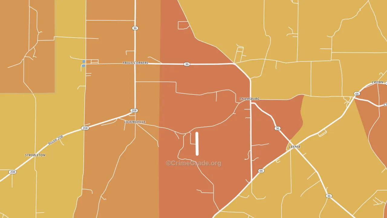 Tylersburg, PA Map of Robbery Rates