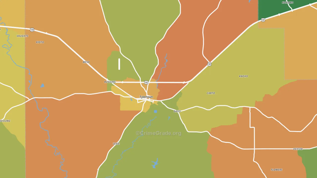 Tylertown, MS Map of Robbery Rates