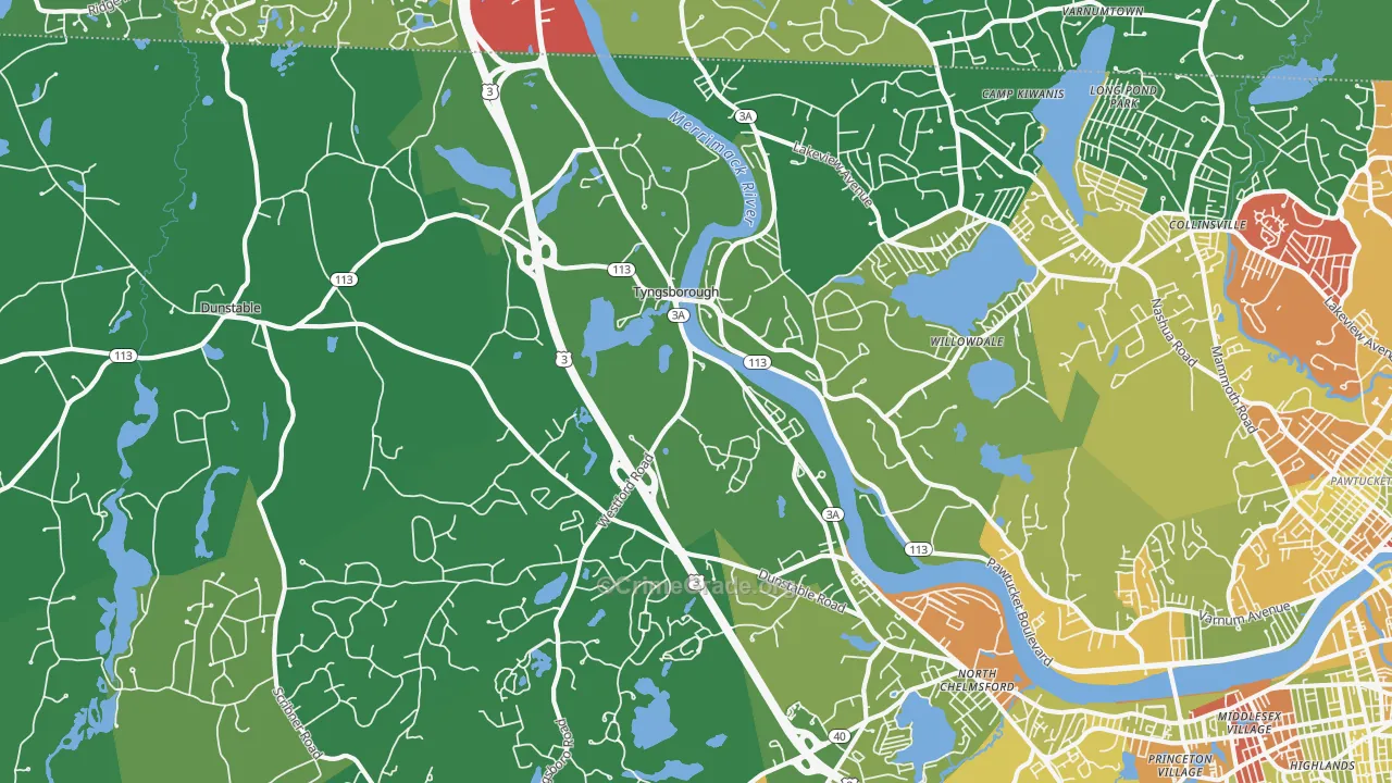 Tyngsboro, MA Map of Robbery Rates