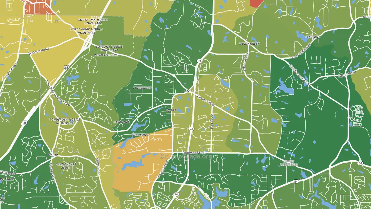 Tyrone, GA Map of Robbery Rates