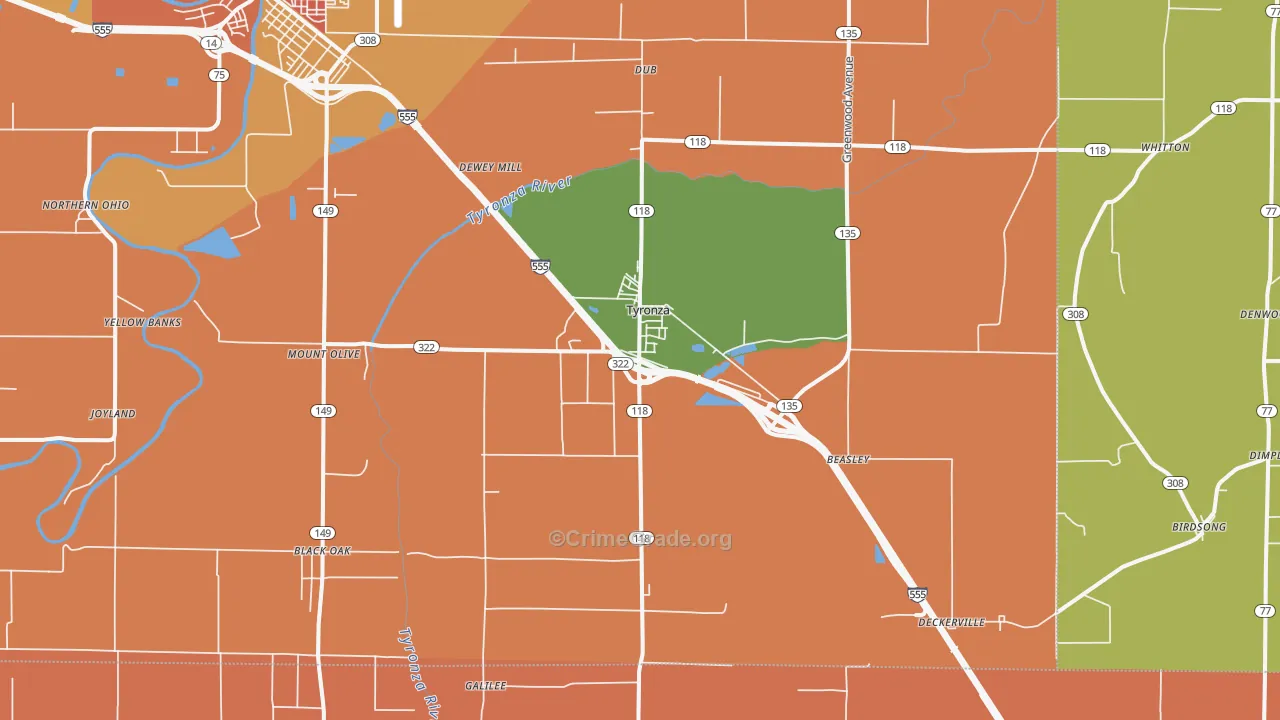 Tyronza, AR Map of Robbery Rates