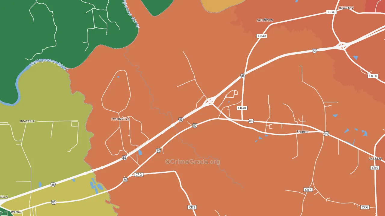 Tysonville, AL Map of Robbery Rates