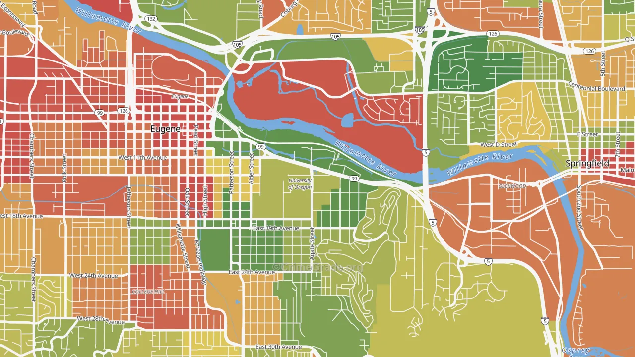 U of O Campus, Eugene, OR Map of Robbery Rates