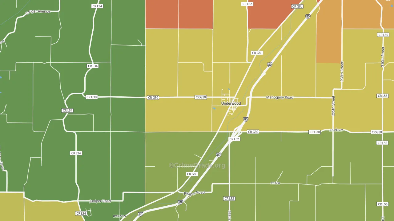 Underwood, IA Map of Robbery Rates