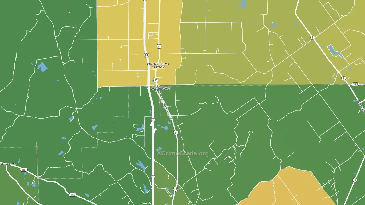 Underwood, IN Map of Robbery Rates