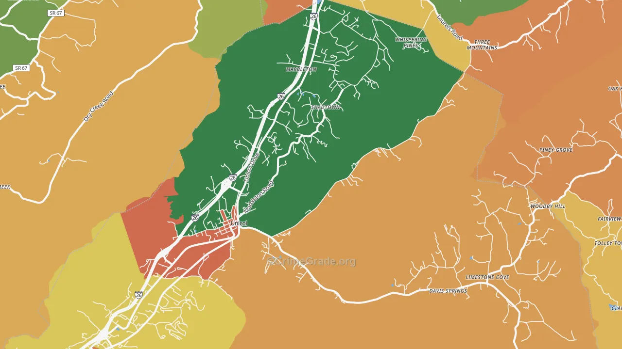 Unicoi, TN Map of Robbery Rates
