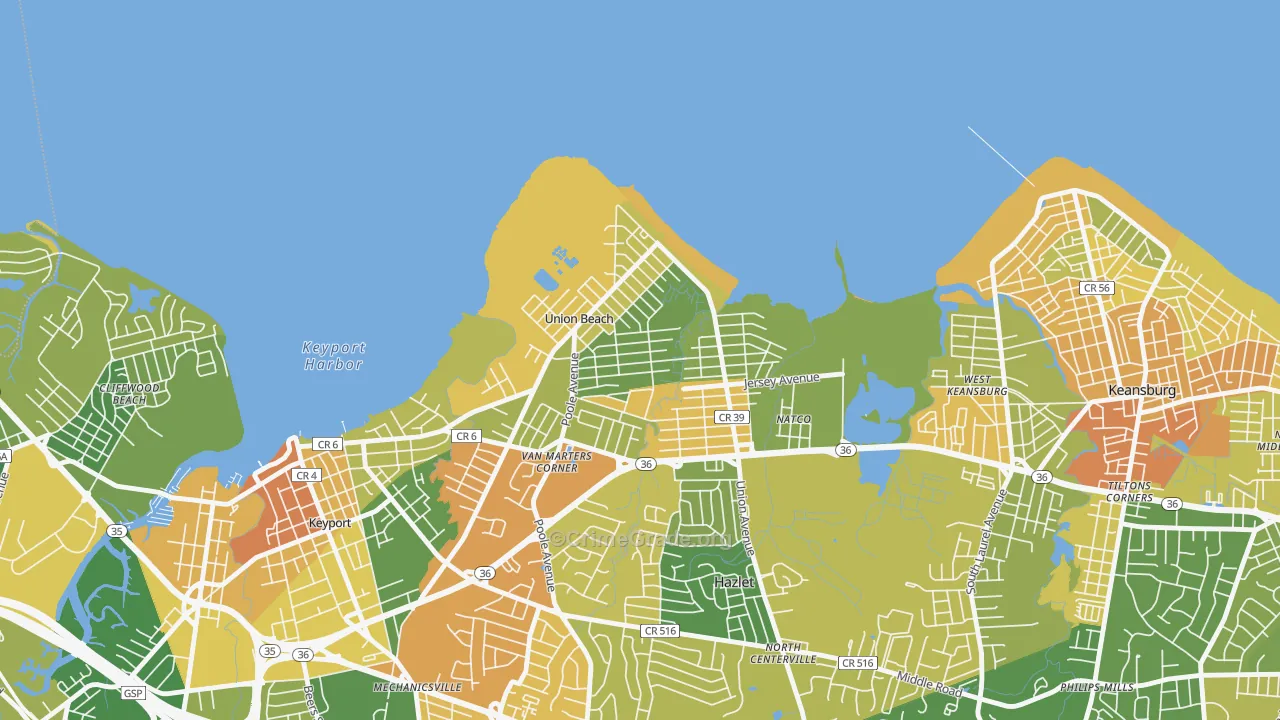 Union Beach, NJ Map of Robbery Rates
