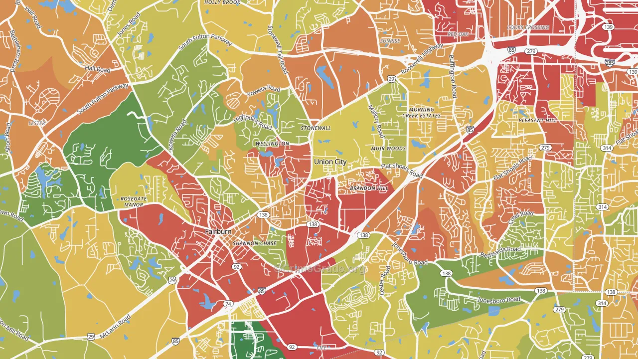 Union City, GA Map of Robbery Rates