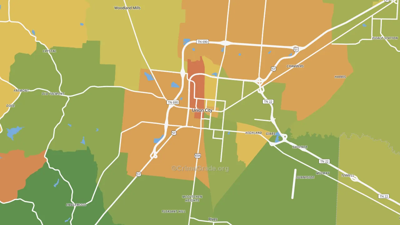 Union City, TN Map of Robbery Rates