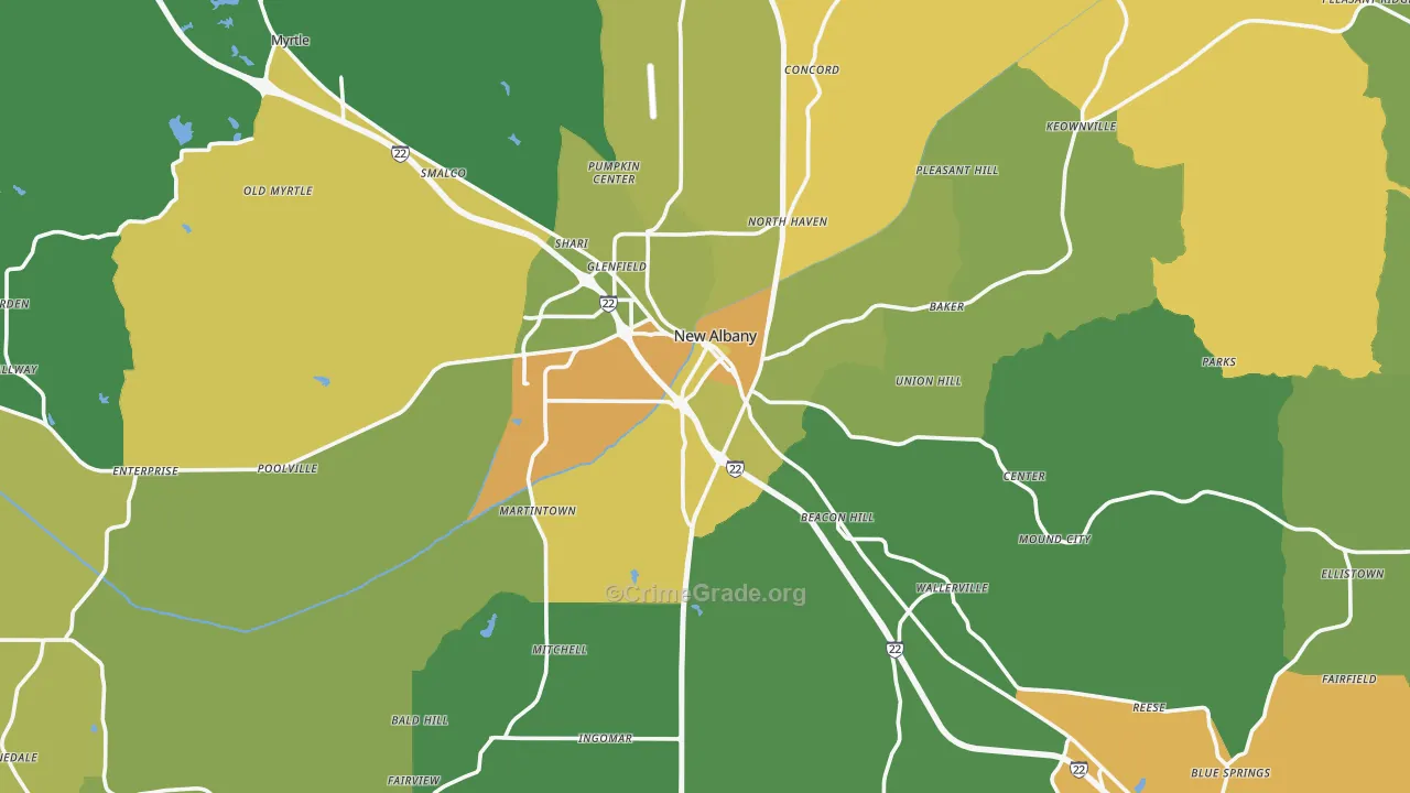 Union County, MS Map of Robbery Rates